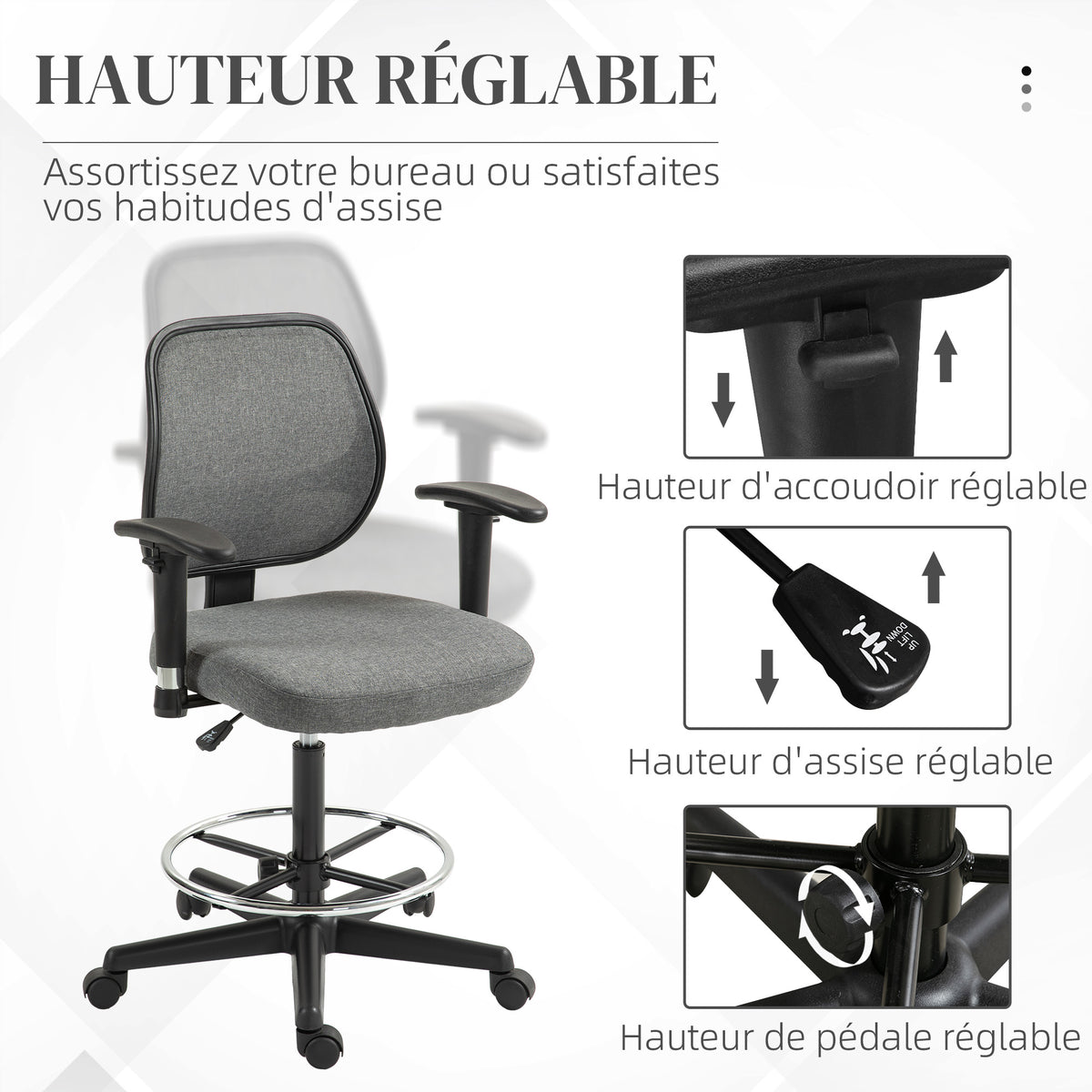 Fauteuil de bureau assise haute réglable, accoudoirs, dim. 60l x 57P x 97-119H cm sur roulettes, gris-3