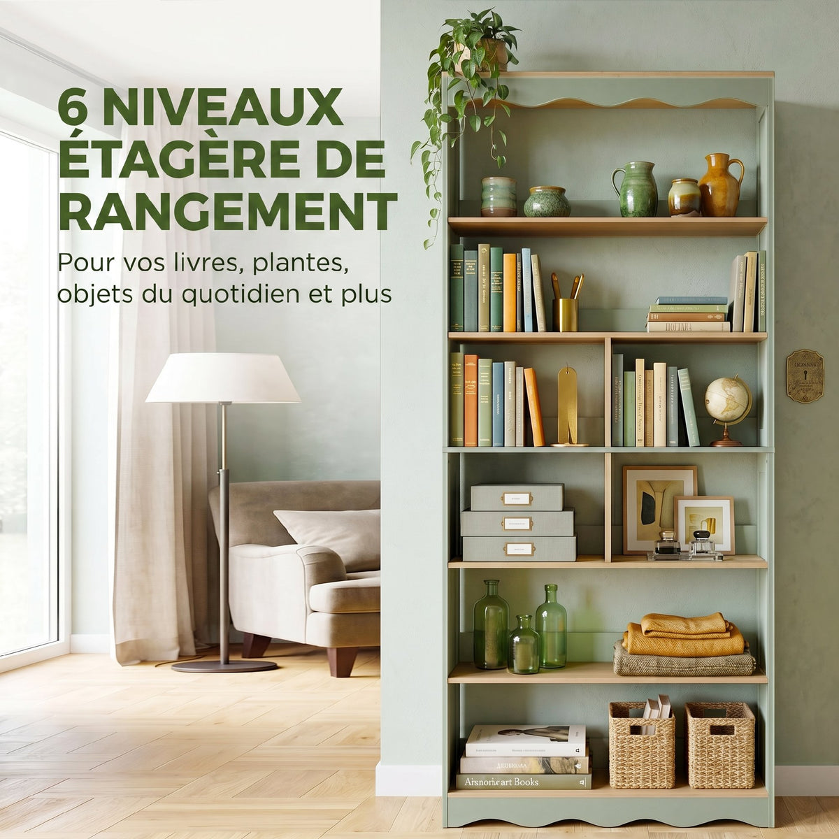 Bibliothèque, étagère de rangement à 6 niveaux avec 6 compartiments ouverts, 76 x 23,8 x 180 cm, bois naturel et vert-3