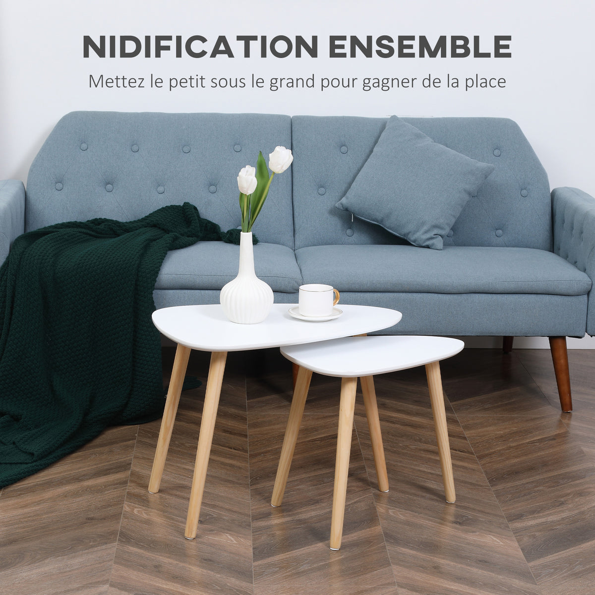 Lot de 2 tables basses gigognes design scandinave pieds en bois et plateau en bois, blanc-3