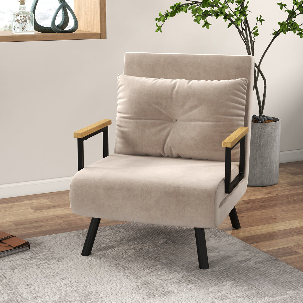 Fauteuil convertible 3 en 1 lit 1 place dossier 5 positions, accoudoirs en bois et coussin, tissu effet velours, beige-1