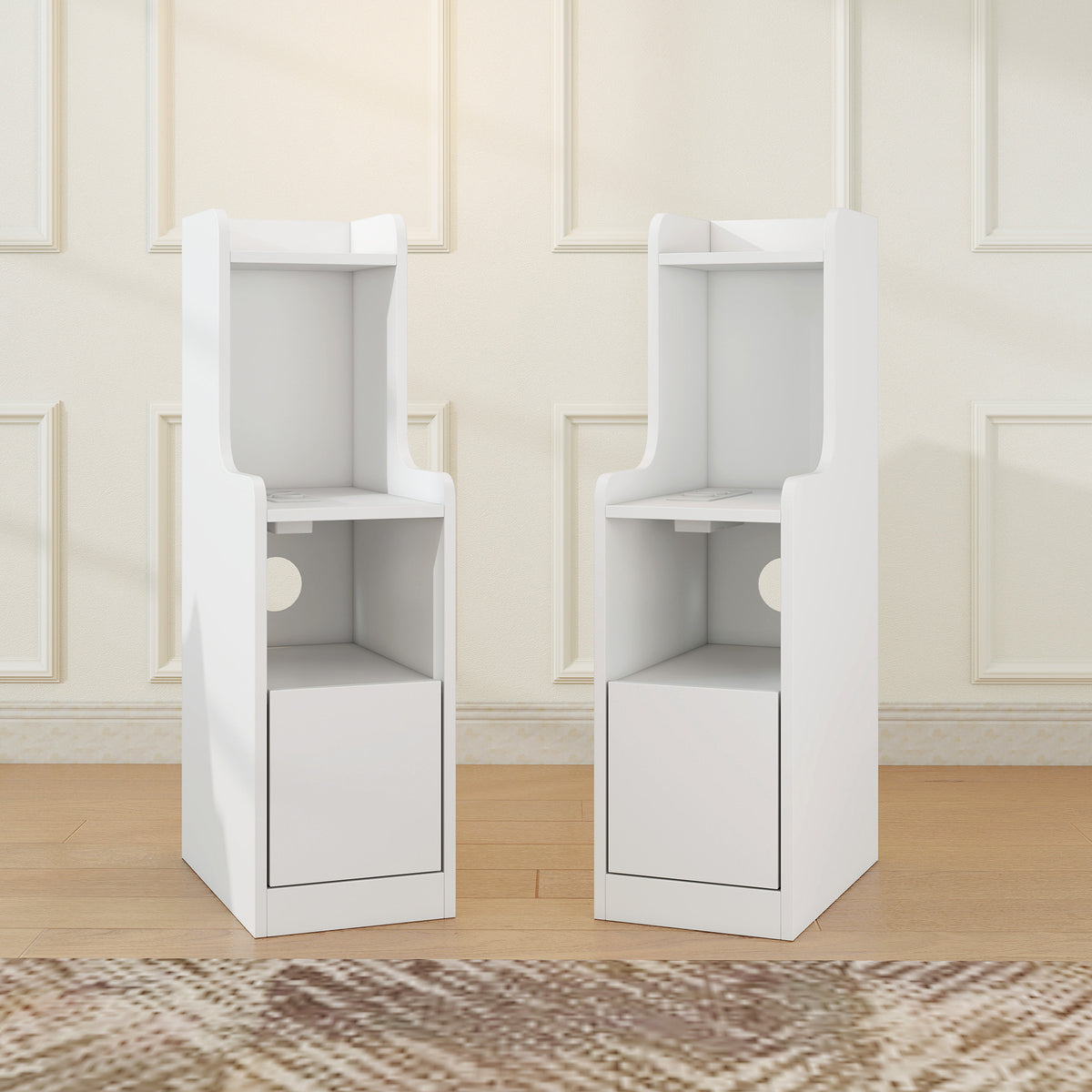 Lot de 2 Tables de Chevet avec Station de Charge, Tables de Nuit Modernes avec Tiroir, Étagères Ouvertes, Blanc-1