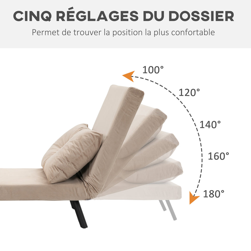 Fauteuil convertible 3 en 1 lit 1 place dossier 5 positions, accoudoirs en bois et coussin, tissu effet velours, beige-4