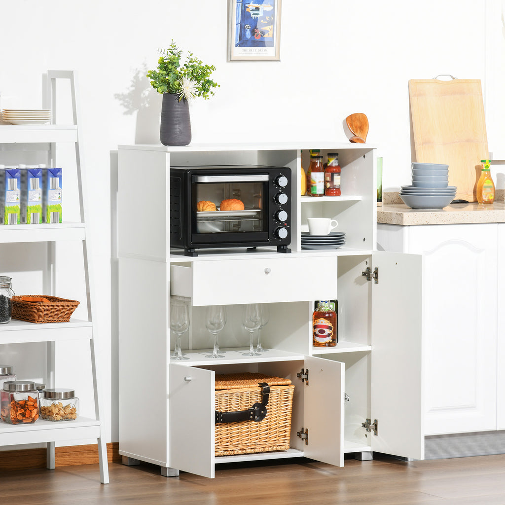Meuble de micro-onde armoire cuisine meuble de rangement multi-rangements buffet avec 2 placards 4 niches tiroir coulissant dim. 90L x 40l x 120H cm en bois blanc-9