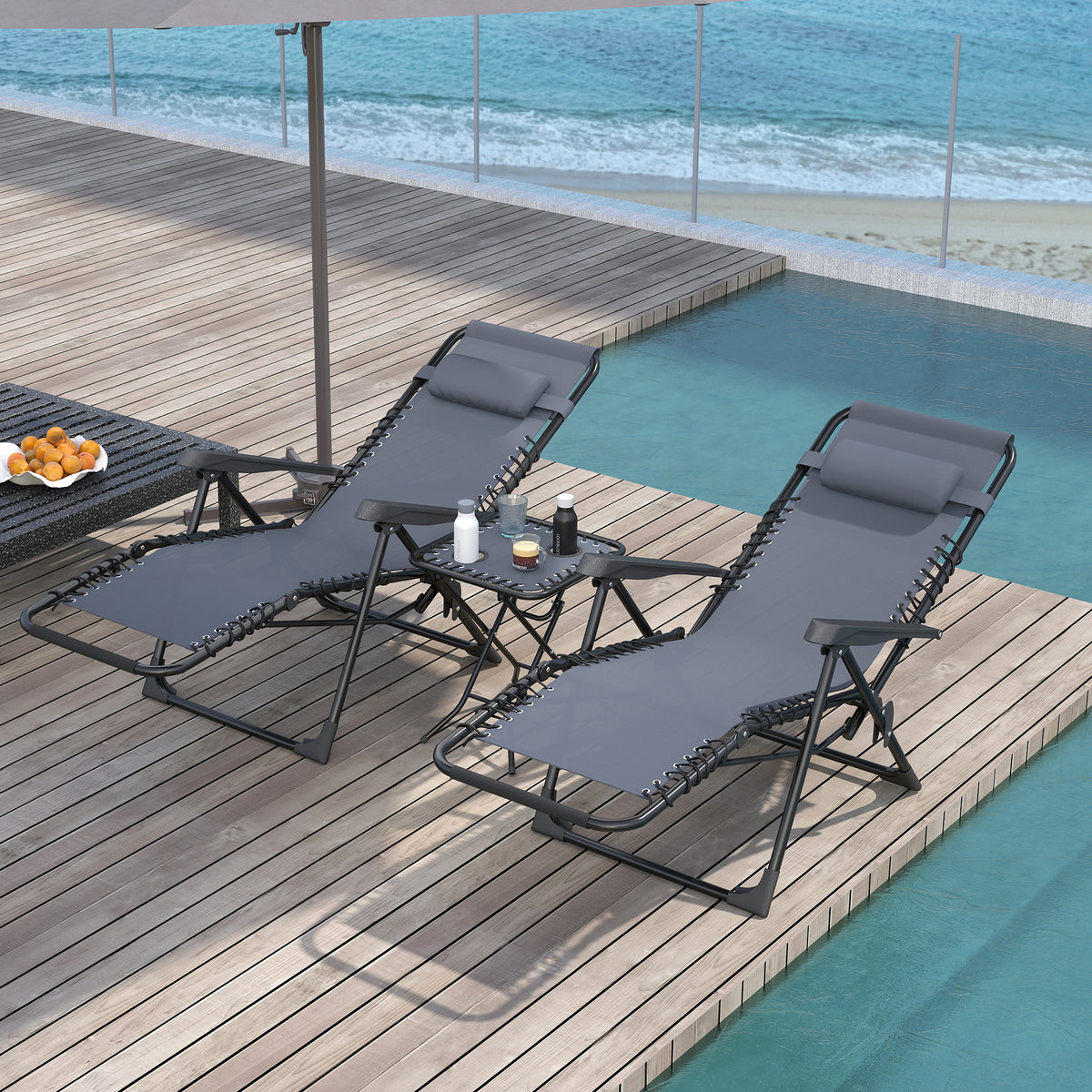 Lot de 2 chaise longue pliable et inclinable avec table d'appoint, porte-gobelets et appuie-têtes, charge 120 kg, gris-1