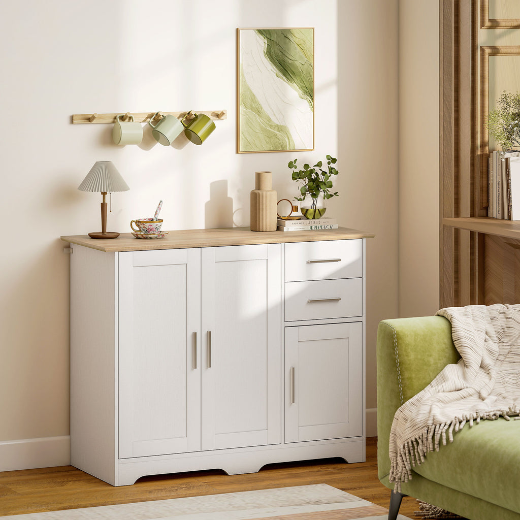 Buffet salon, meuble de rangement avec 2 tiroirs, 3 portes et étagère réglable, 100 x 40 x 78 cm, blanc et bois naturel-8