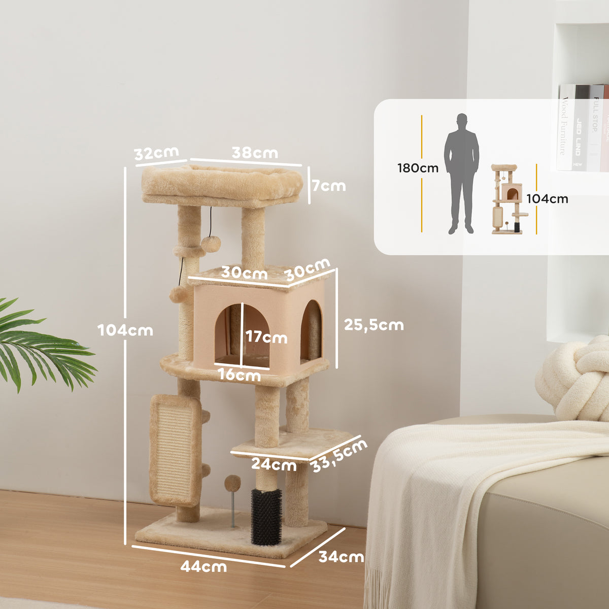 Arbre à Chat, Tour de Jeux, Hauteur de 104 cm, avec Lit, Maison, Brosse de Toilettage, 44l x 34P x 104H cm, Beige-2
