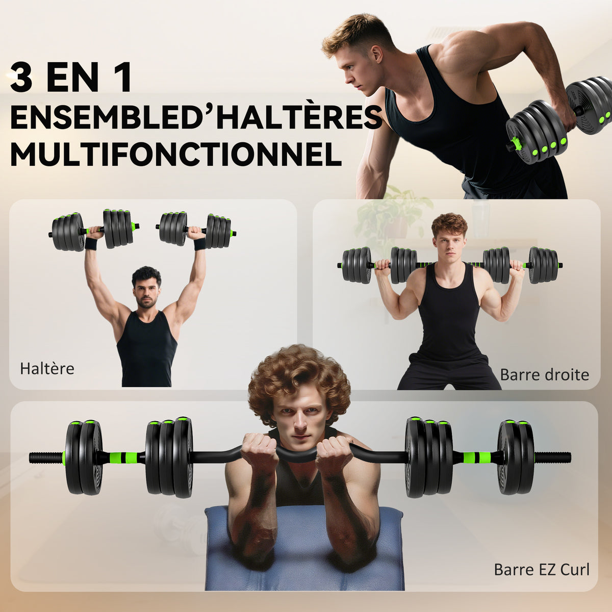Kit haltères musculation haltères réglables 30 kg 3 en 1, ensemble de poids réglable avec barre d'extension noir-3