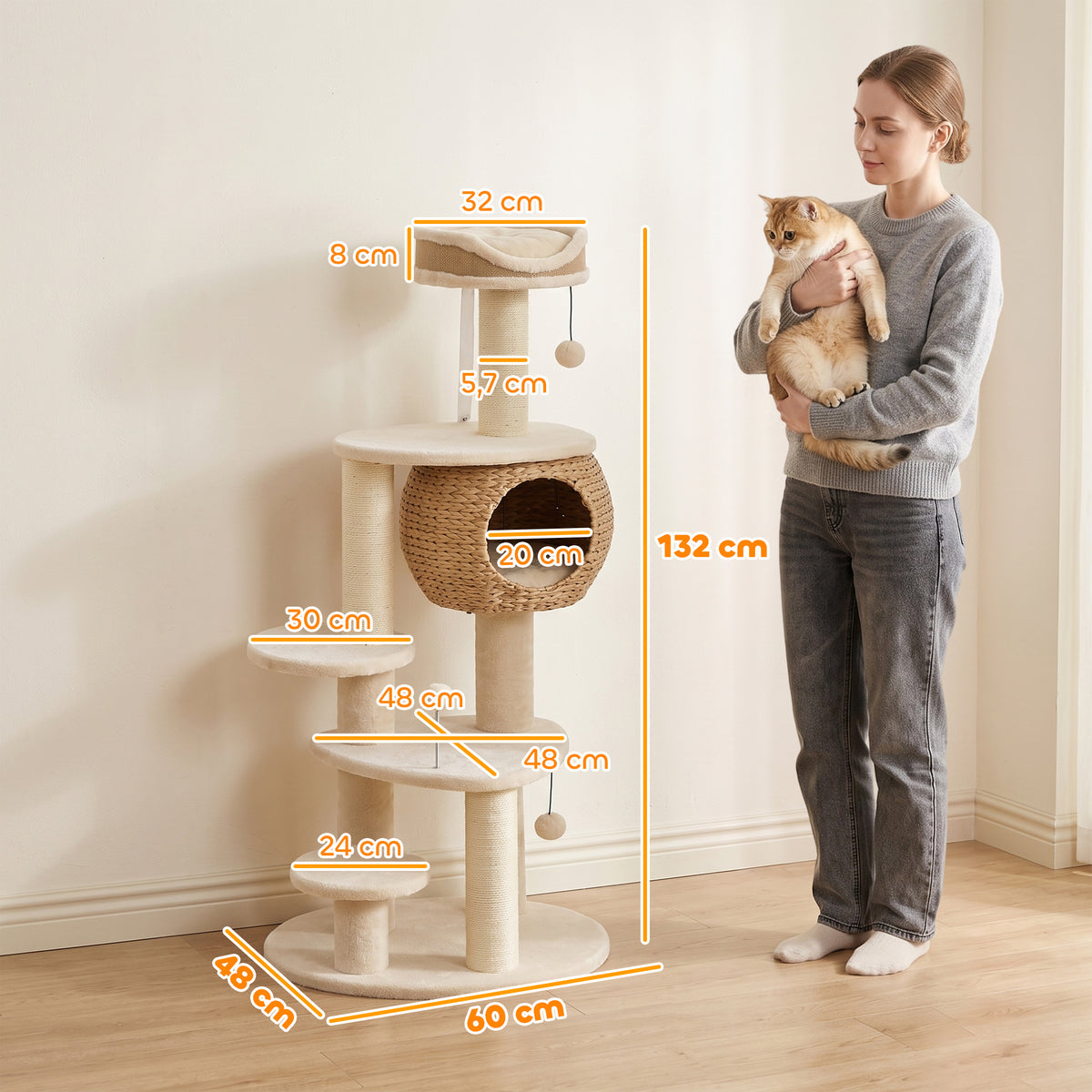 Arbre à Chat Tour pour Chat en Rotin Design 4 Niveaux avec Niche Quenouille Panier Jute et Coussin 132cm Beige-2