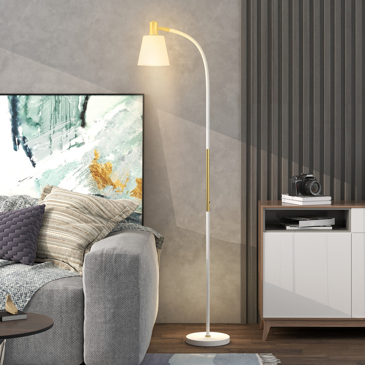 Lampadaire de salon réglable en hauteur 127-160 cm avec interrupteur, douille E27, blanc-6