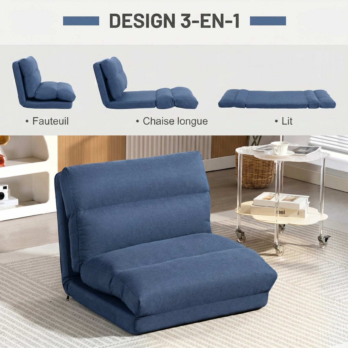 Fauteuil de sol canapé paresseux fauteuil convertible en lit inclinable 90° à 180° tissu - 70 x 72 x 56 cm - bleu foncé-3