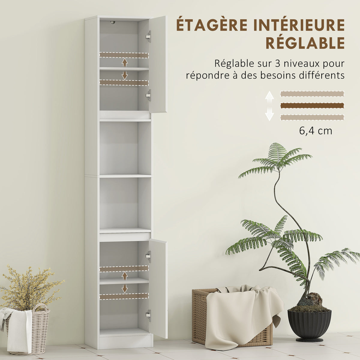 Meuble colonne salle de bain, meuble de rangement avec 2 portes, 2 compartiments ouverts, , 30 x 24 x 170 cm, blanc-5