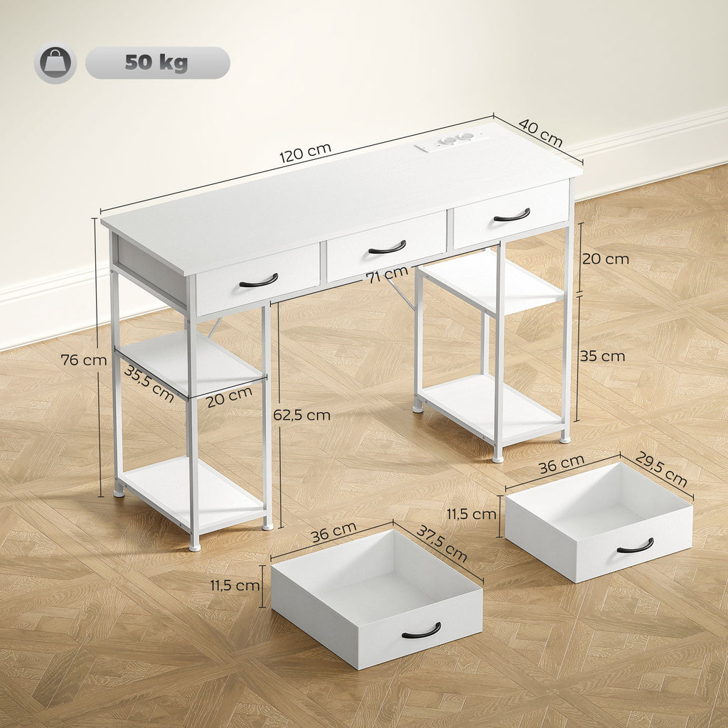Bureau avec rangement avec prises de courant, 3 tiroirs en tissu et 4 étagères de rangement, 120 x 40 x 76 cm, blanc-2
