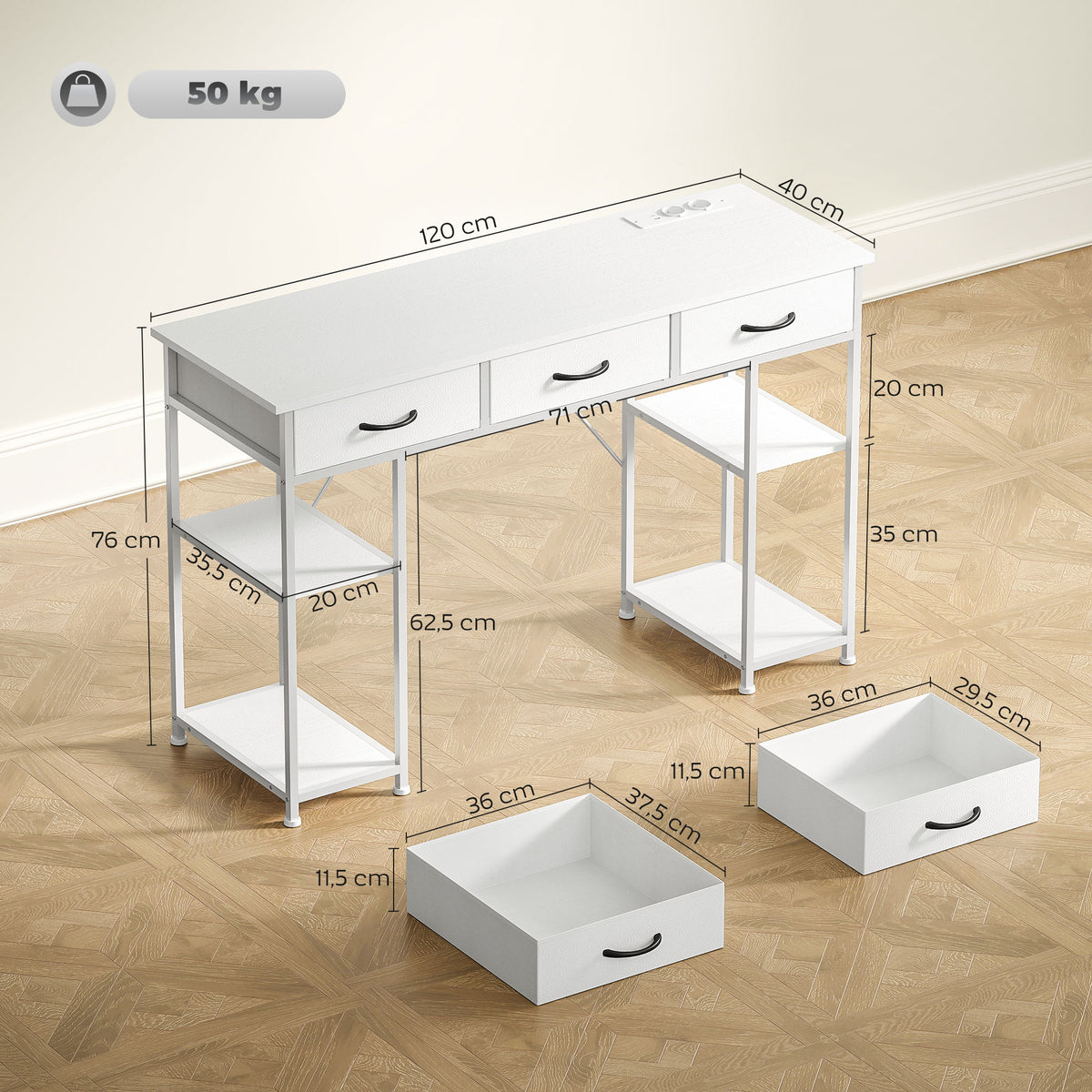Bureau avec rangement avec prises de courant, 3 tiroirs en tissu et 4 étagères de rangement, 120 x 40 x 76 cm, blanc-2