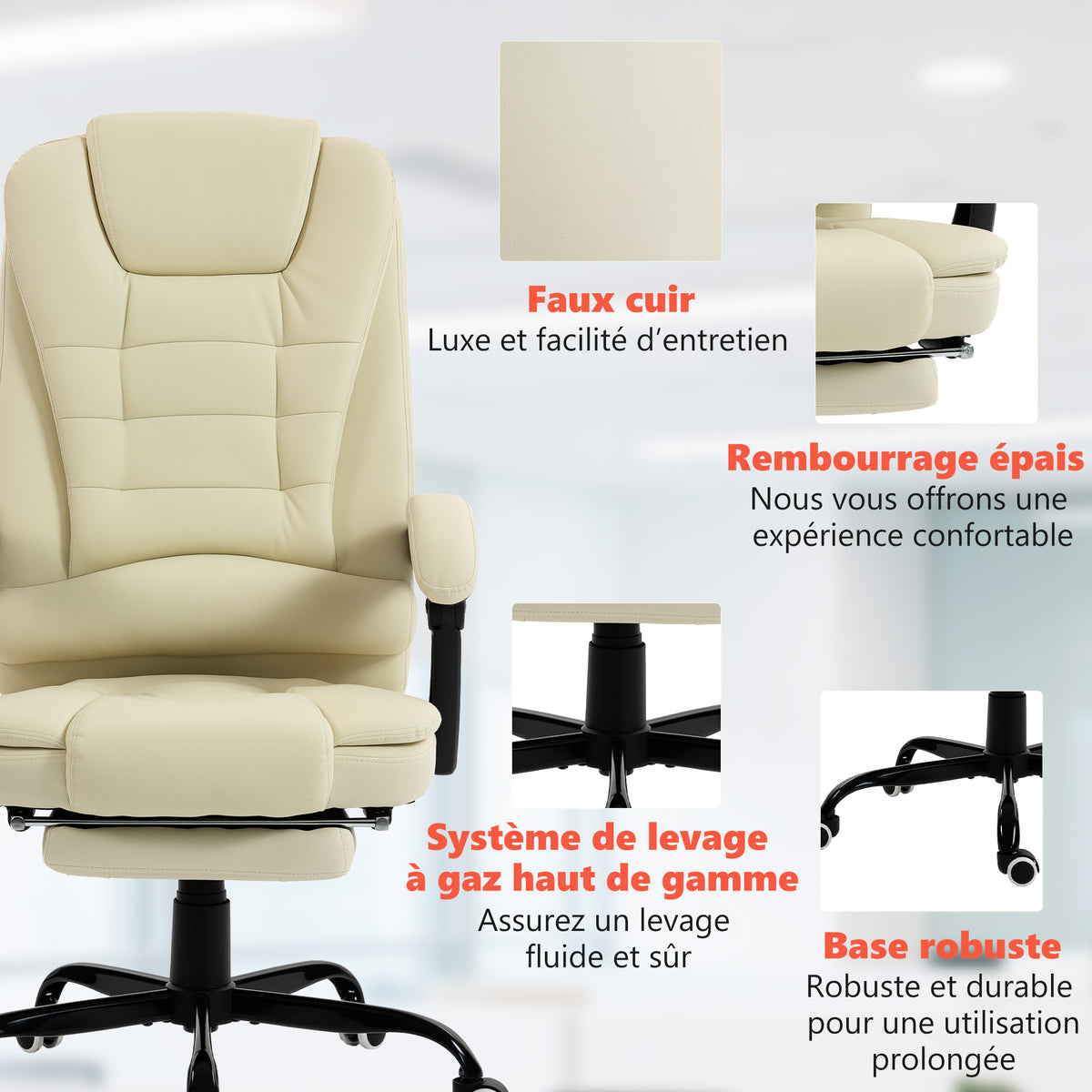 Fauteuil de bureau massant, chaise de bureau avec hauteur réglable, dossier inclinable et télécommande filaire, beige-7