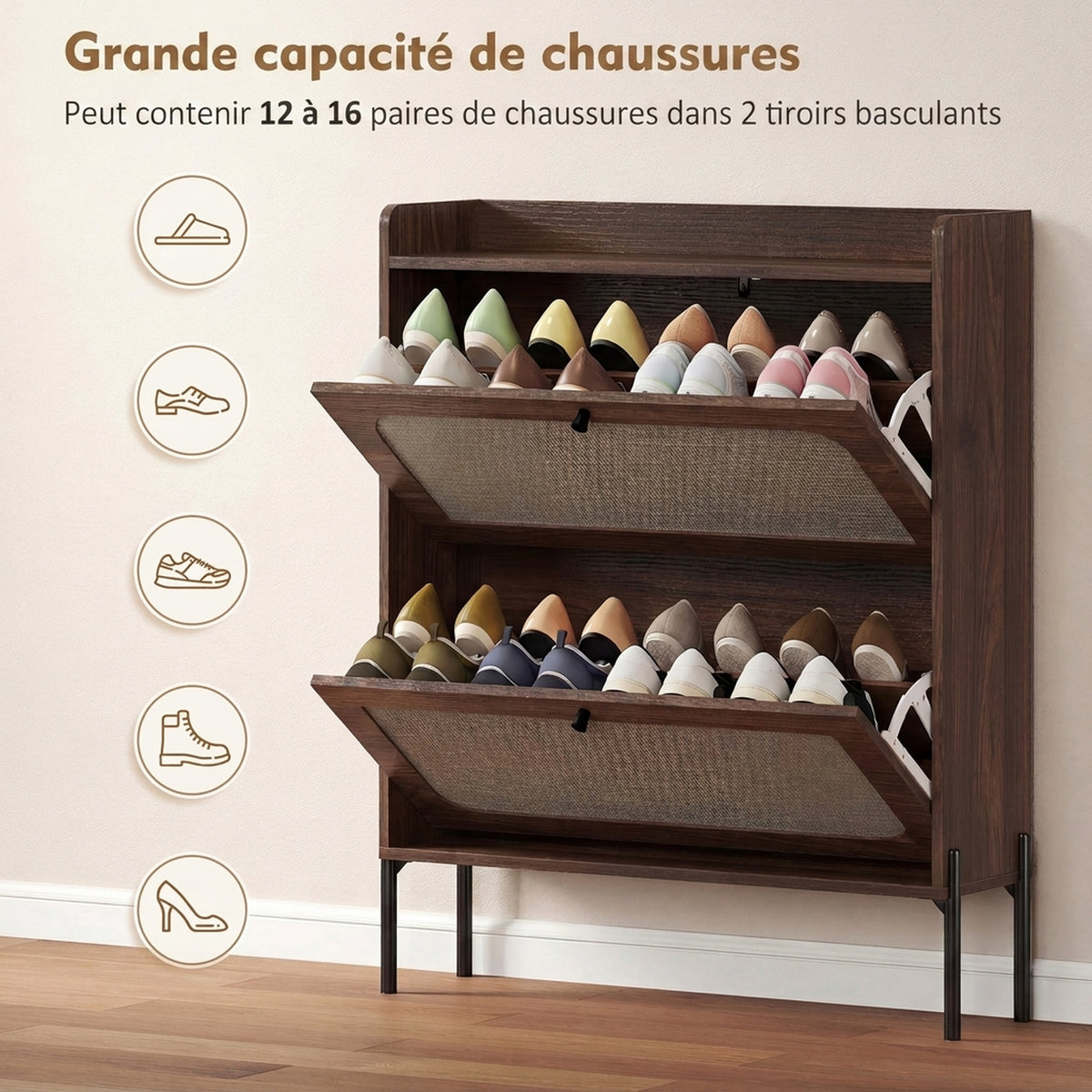 Meuble à Chaussures 16 Paires, 2 Tiroirs, Portes en Rotin et Étagères Réglables, 80x23,7x99,5cm, Marron Foncé-4