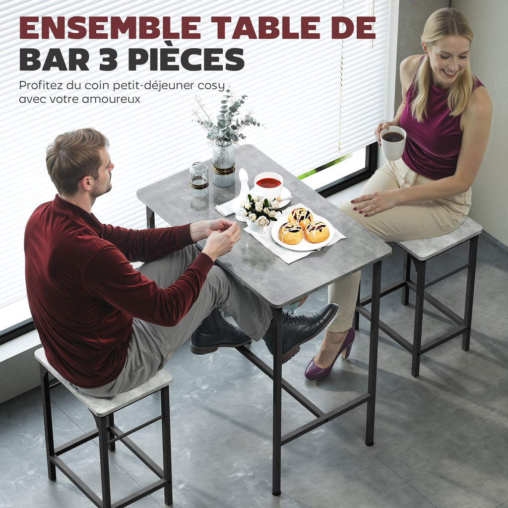 Ensemble table de bar avec 2 tabourets, cadre en acier pour cuisine, salle à manger et salon, gris-3