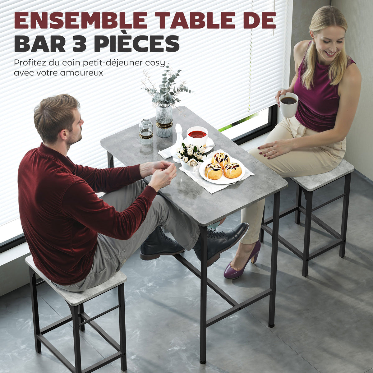 Ensemble table de bar avec 2 tabourets, cadre en acier pour cuisine, salle à manger et salon, gris-3