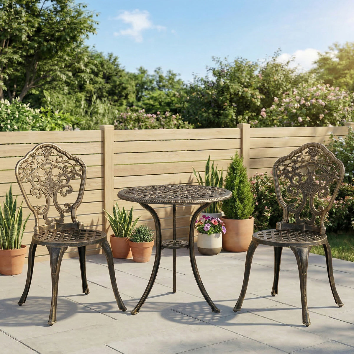 Ensemble bistrot pour jardin en aluminium salon de jardin 3 pièces 2 chaises + table ronde imitation fer forgé-1