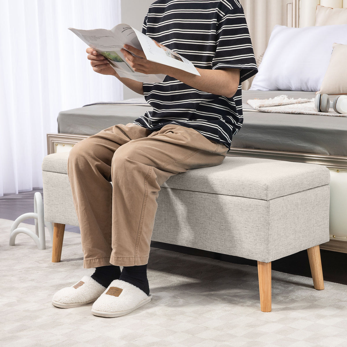 Banc coffre rangement rembourré aspect lin pour chambre à coucher, entrée, salon, charge 220 Kg, 110 x 39 x 45 cm, beige-7