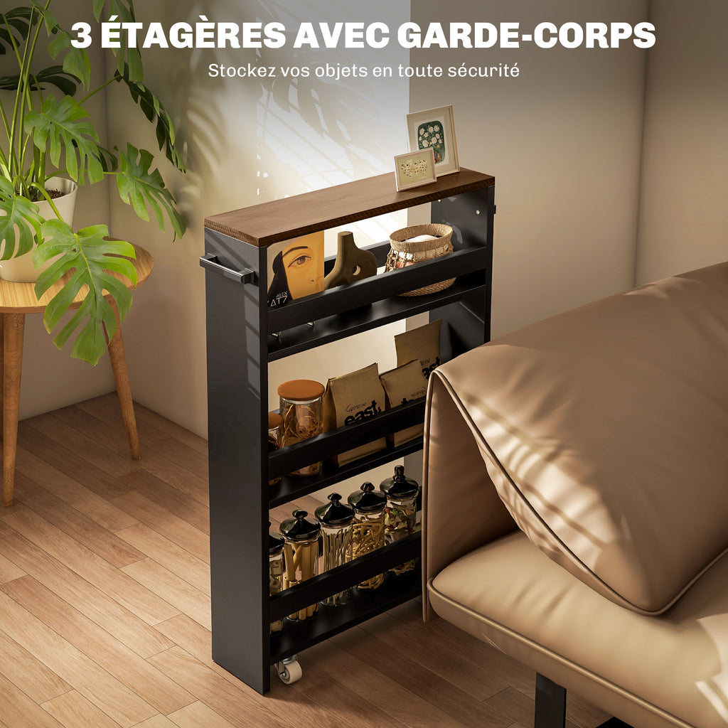 Chariot de rangement sur roulettes 3 niveaux de rangement et poignée, dim. 51,5l x 13P x 80H cm-3
