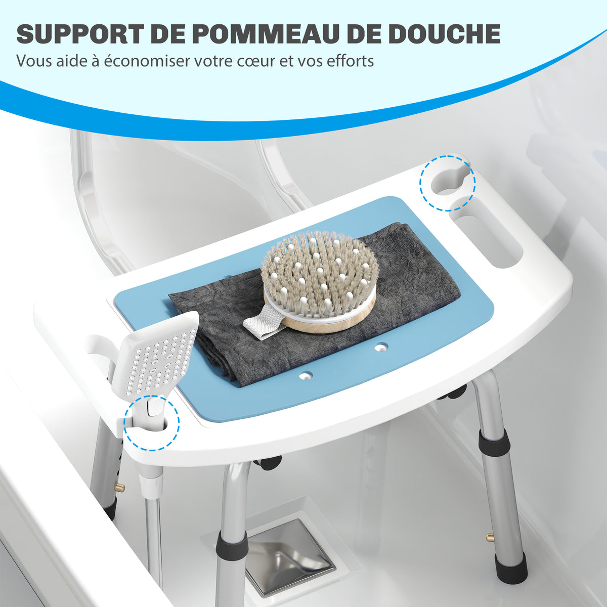 Tabouret de douche pour personnes âgées et handicapées hauteur réglable patins antidérapants support de pomme de douche-4