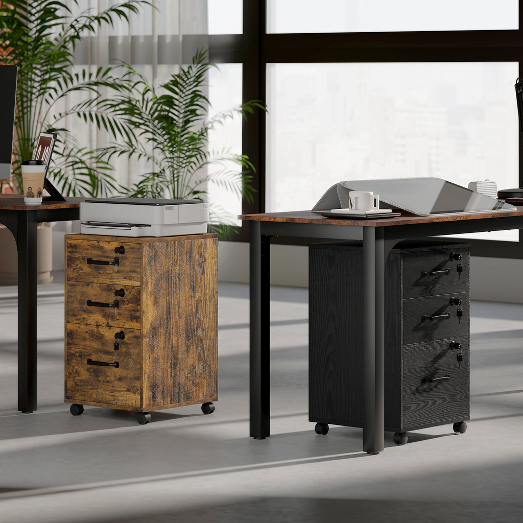 Caisson de Bureau Mobile avec 3 Tiroirs Verrouillables, Caisson de Rangement sur Roulettes, 40 x 40 x 69,5 cm, Marron-8