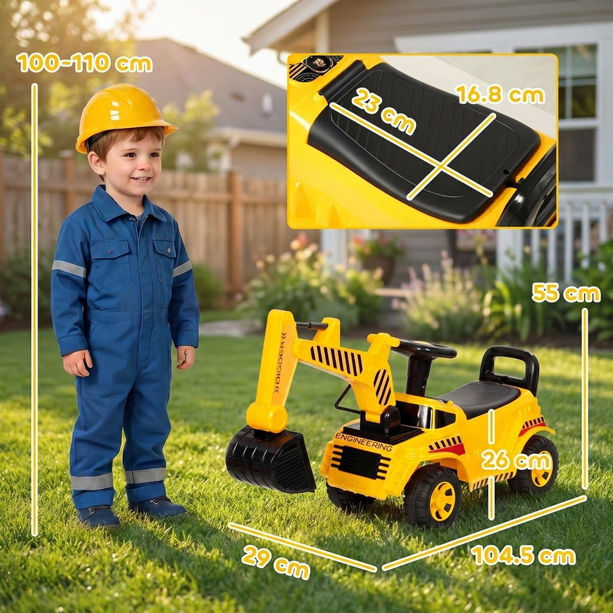 Tractopelle Enfant, Porteur Pelleteuse avec Casque de Sécurité, Klaxon et Bras d'Excavation Amovible, 1 à 4 Ans, Jaune-2