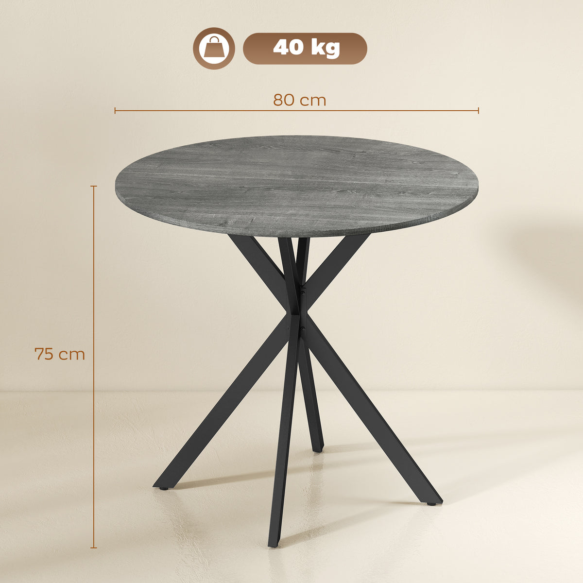 Table à Manger Ronde pour 2 Personnes avec Plateau Aspect Bois et Piètement Croisé en Acier, Gris-2