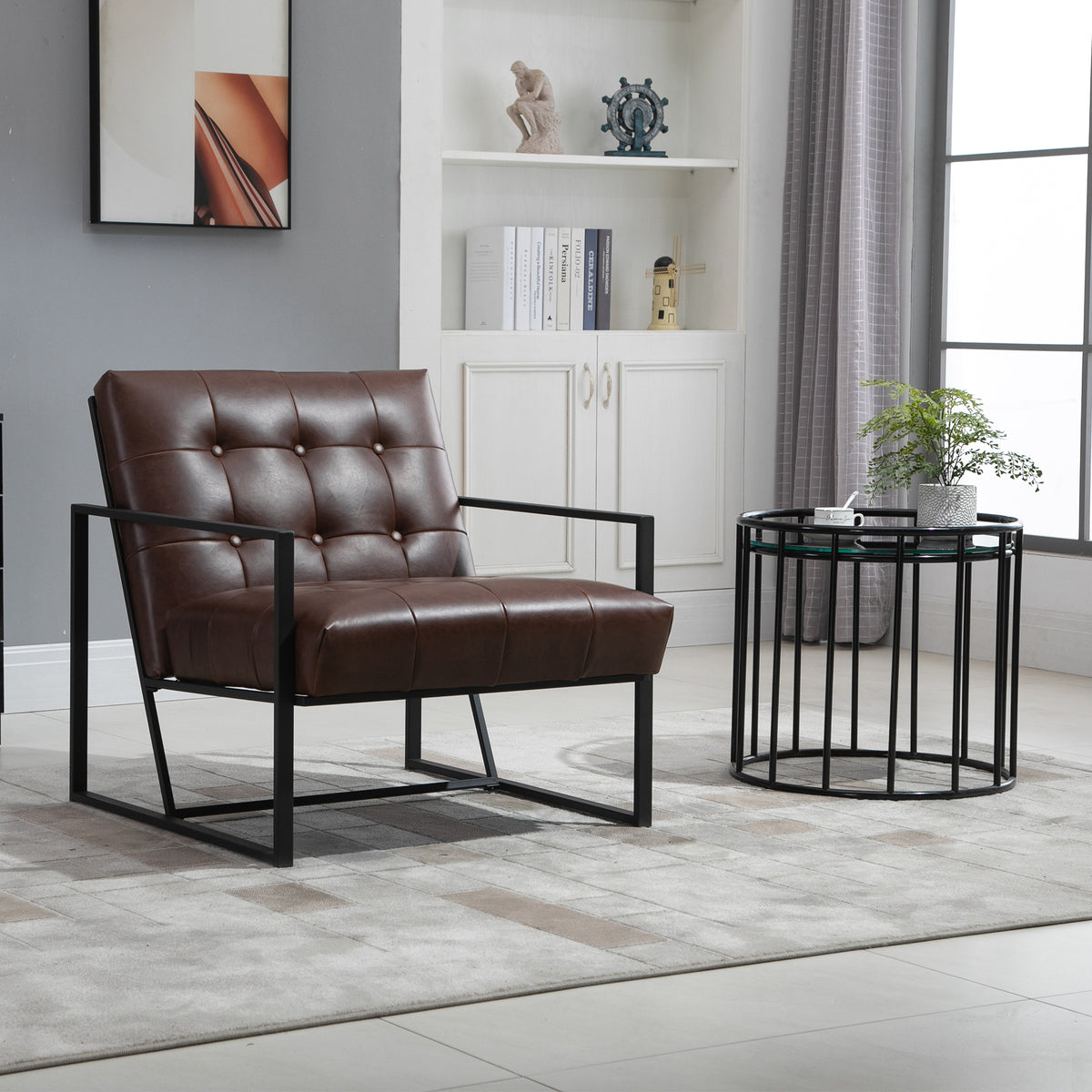 Fauteuil de salon Chesterfield Fauteuil Relax Assise Dossier capitonnés Structure métal Noir revêtement synthétique Chocolat-1