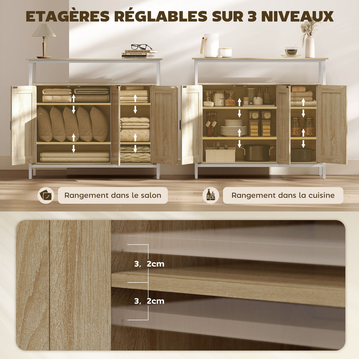 Buffet, meuble de rangement avec 3 portes, compartiment ouvert et 4 étagères réglables, 100 x 35 x 88 cm, bois naturel-4
