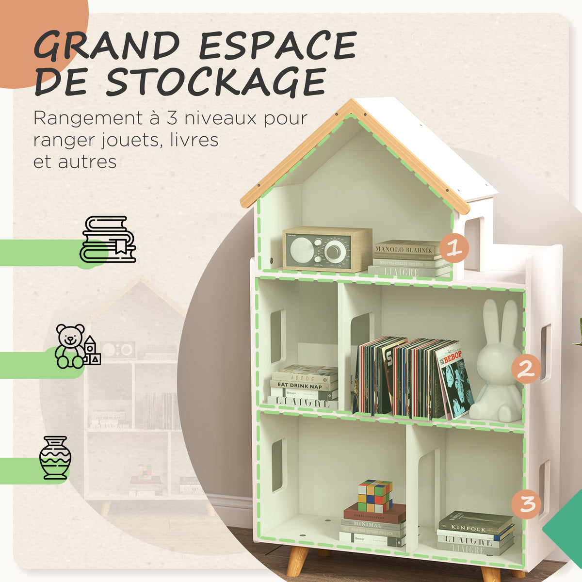 Étagère de rangement pour jouet enfant et livres forme de maison 3 niveaux  65 x 25 x 108,5 cm blanc et naturel-3
