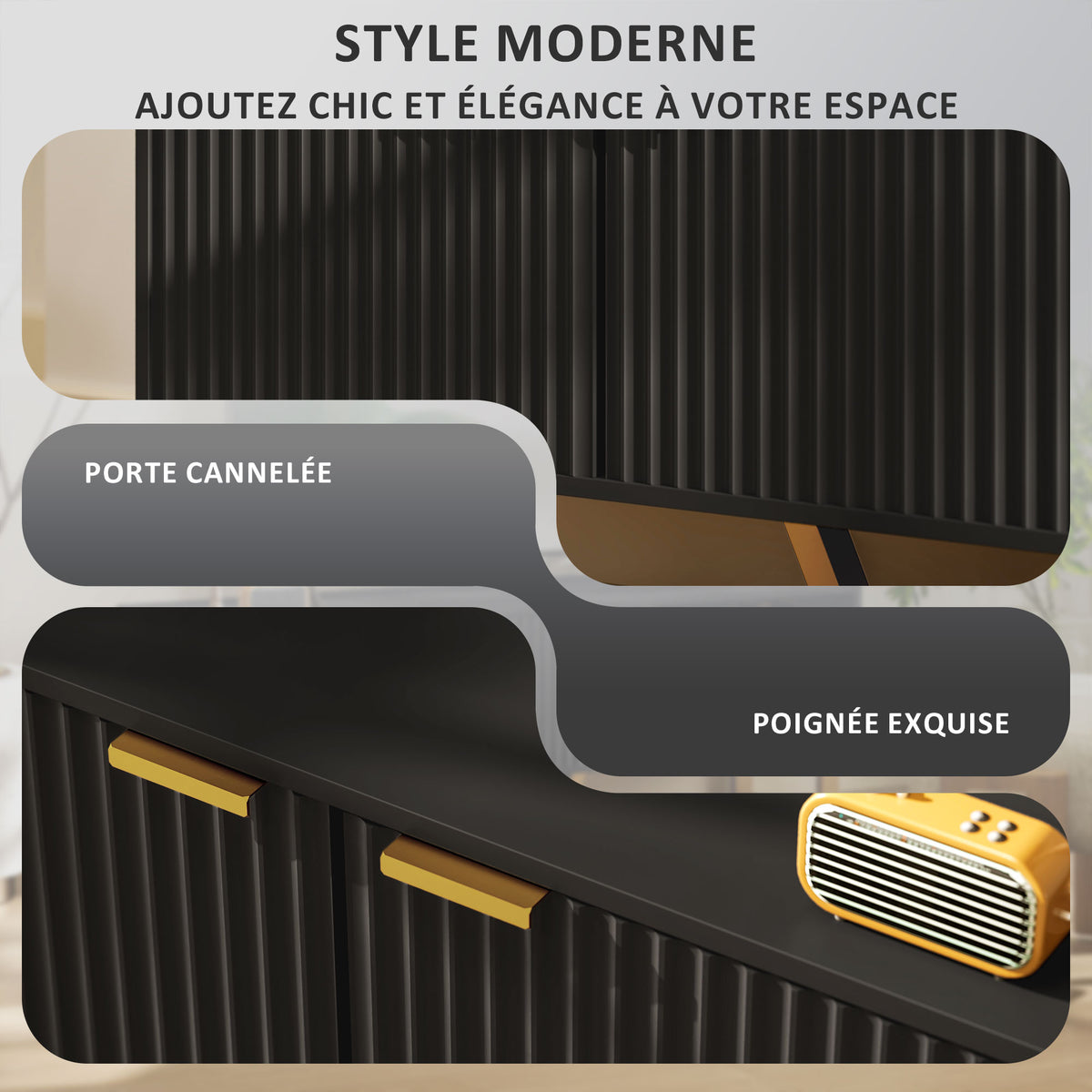 Meuble TV banc TV pour téléviseur jusqu'à 70 pouces - placard à 2 portes cannelées, compartiment ouvert et passe-câbles-3