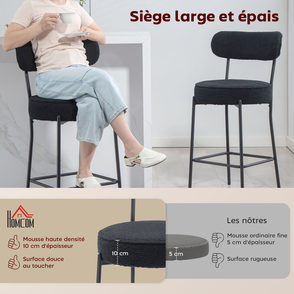 Lot de 2 tabourets de bar en tissu bouclette, chaises de bar avec dossier courbé, repose-pieds, 49x52x95cm, noir-3