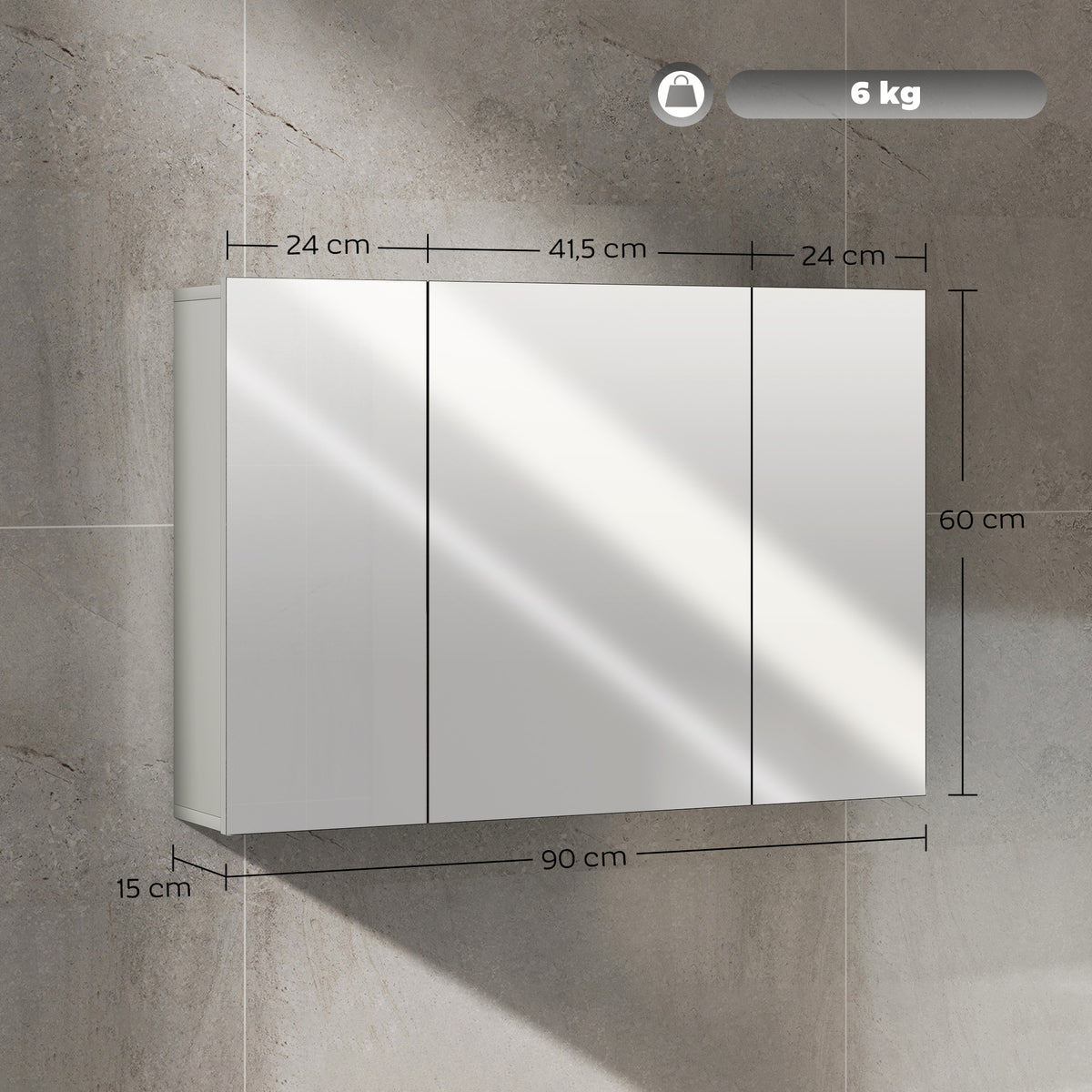 Armoire murale de salle de bain avec 3 portes miroir et étagères réglables en MDF Gris dim. 90L x 15l x 60H cm-2