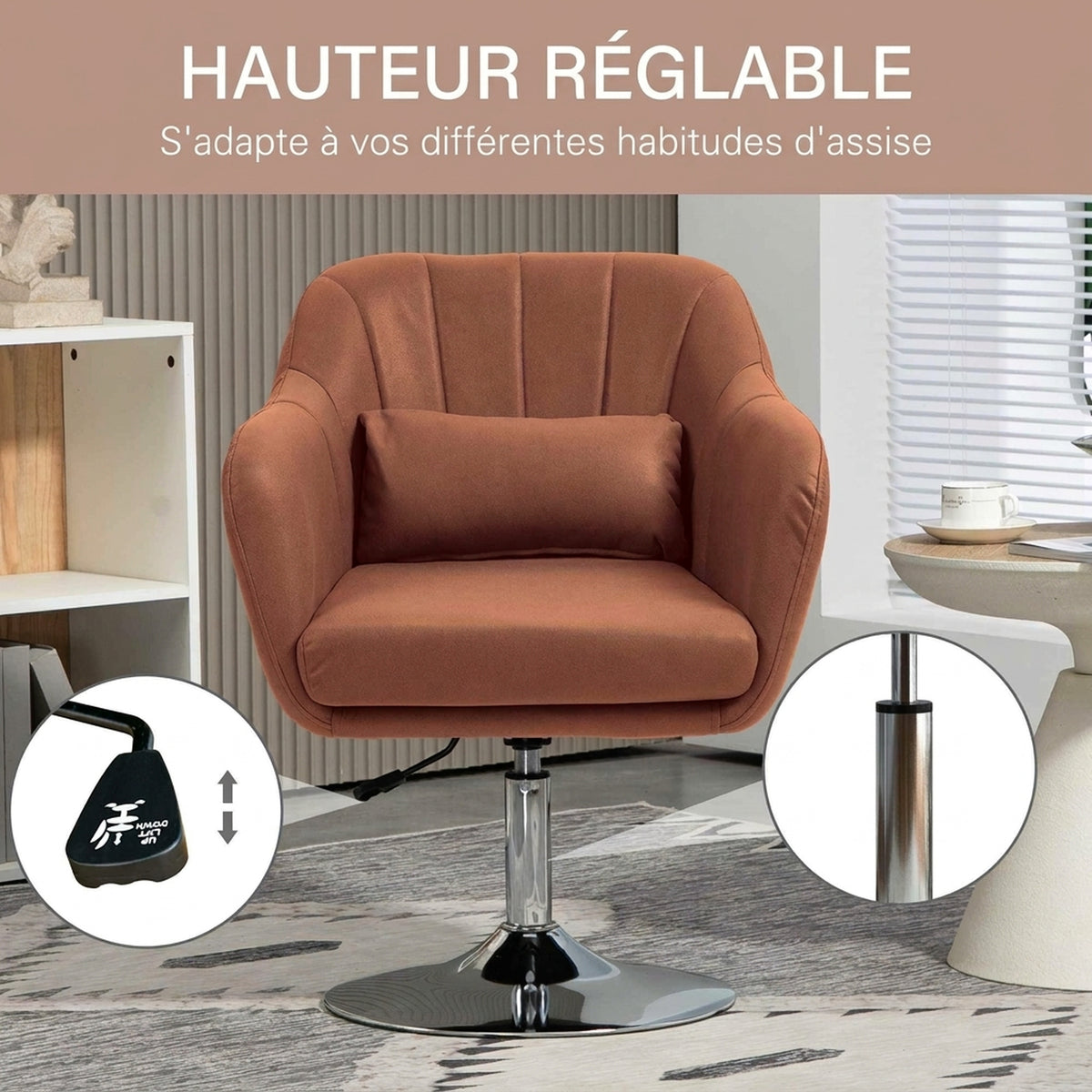 Fauteuil de salon coussins lombaires hauteur réglable pivotant 360° piètement en métal marron-3