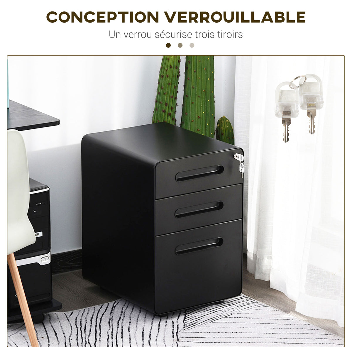 Caisson bureau mobile verrouillable avec 3 tiroirs pour format A4, lettre, légal, 39 x 48 x 59 cm, noir-3