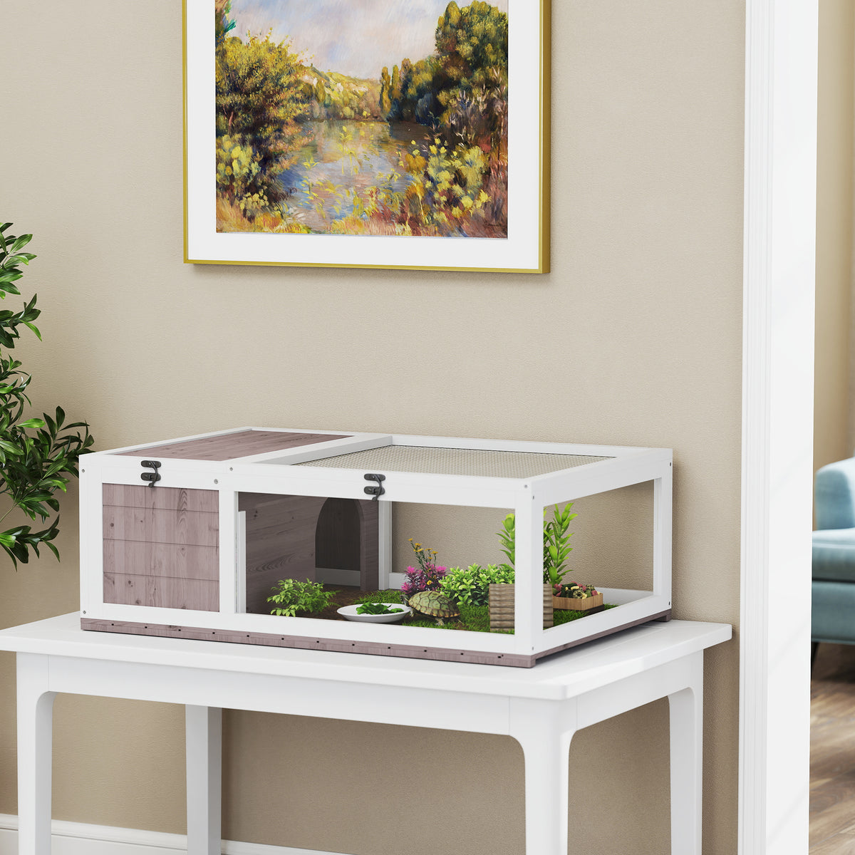 Maison enclos cage habitat pour petit animal tortues avec 2 espaces 91 x 60,5 x 32 cm bois massif marron clair-9