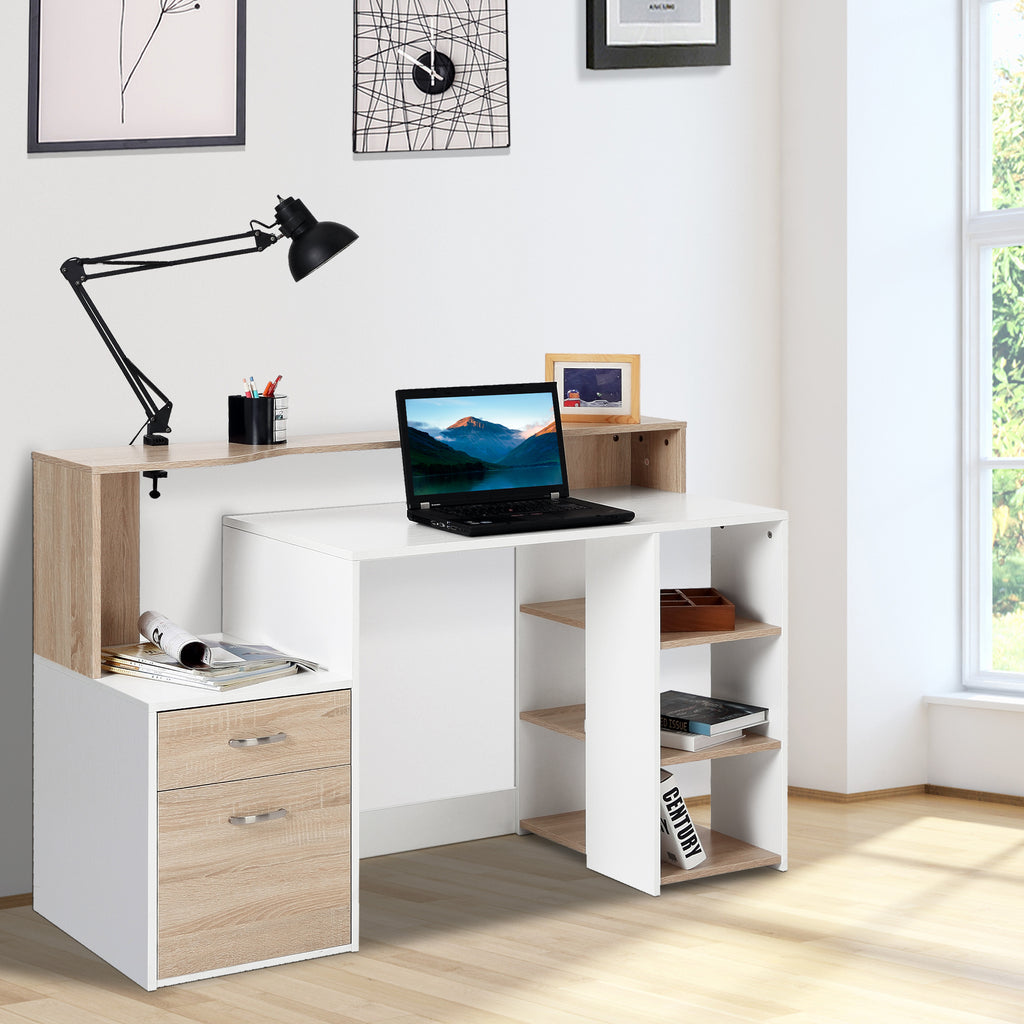 Bureau informatique avec 2 tiroirs, bureau avec rangement, 137 x 55 x 92 cm, étagères ouvertes et tablette-8