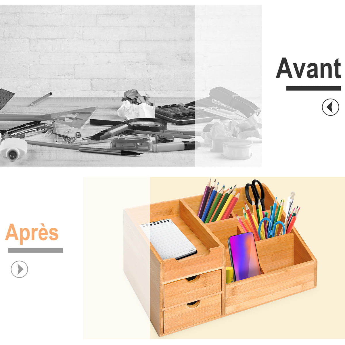Lot de 2 boîtes de Rangement de Bureau - Organiseur de Bureau - 7 Compartiments, 2 tiroirs - Bambou Verni-3