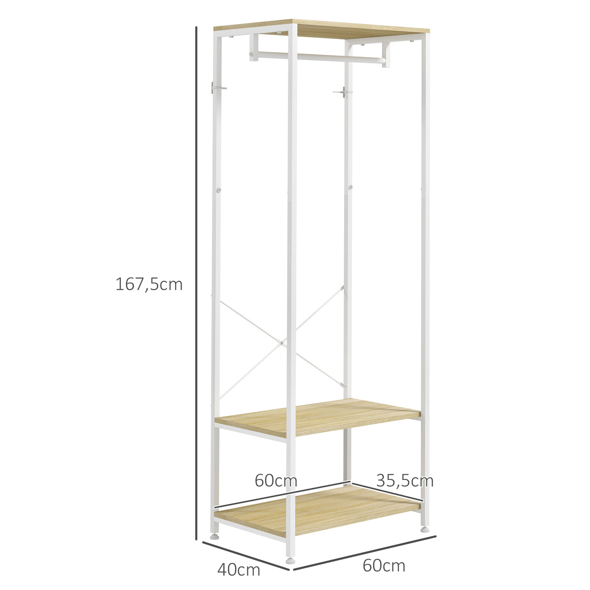 Porte-Manteaux avec tringle et 2 étagère à chaussures 60L x 40l x 167,5H cm Aspect bois Clair métal Blanc-2