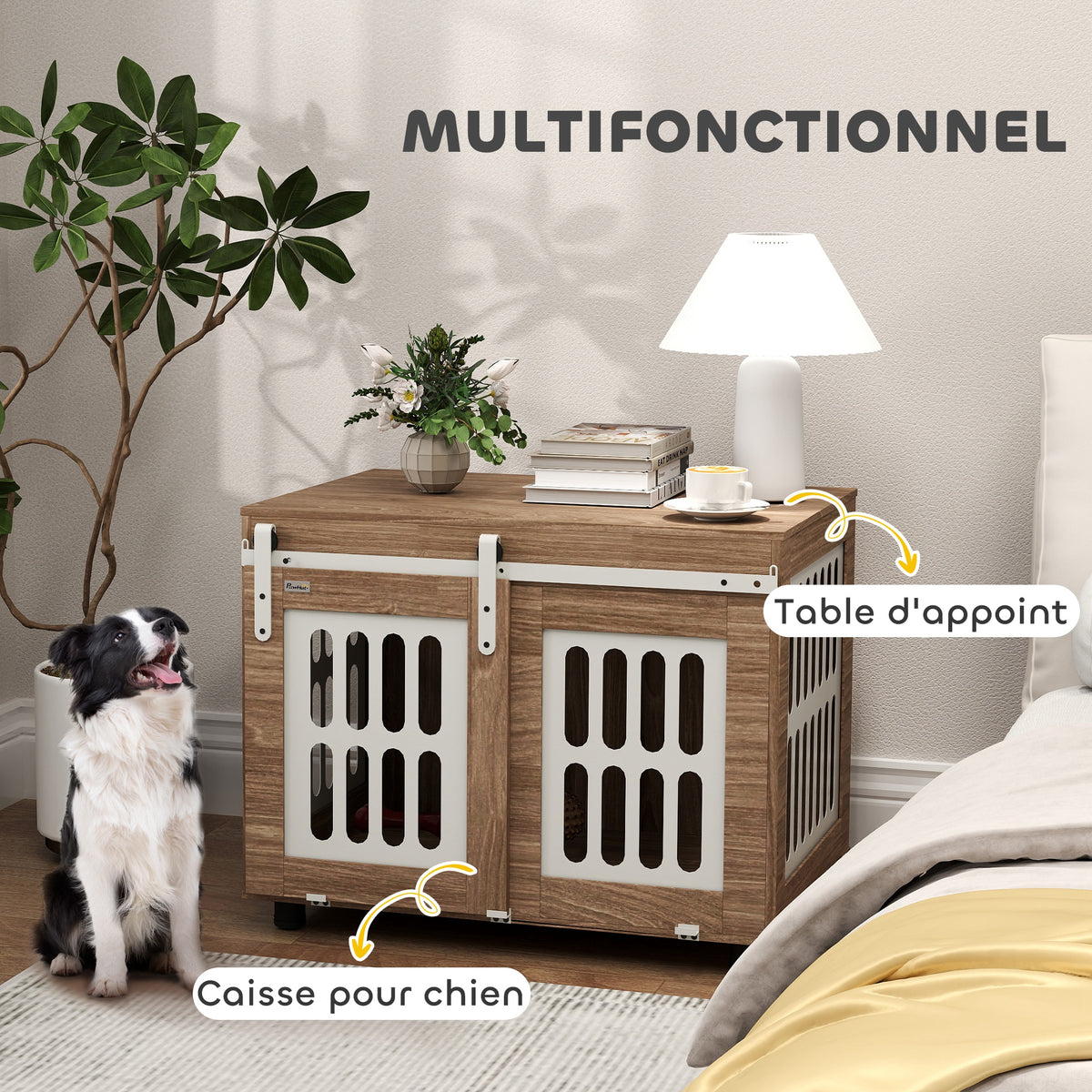 Meuble cage pour chien avec porte coulissante, maison pour chien de moyenne, table d'appoint, 80 x 59 x 63 cm, noyer-3