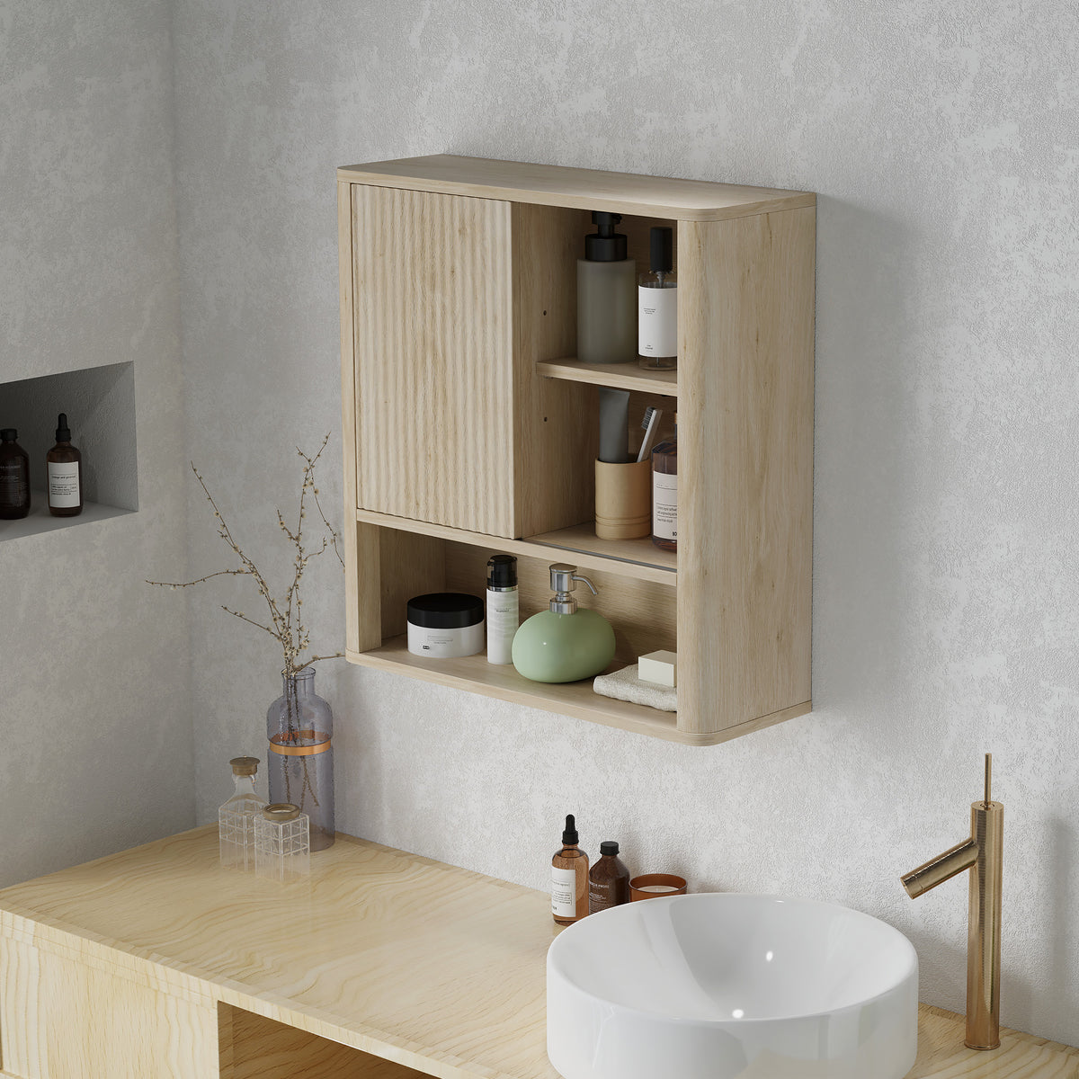 Armoire murale salle de bain avec étagères réglables, porte coulissante et étagères ouvertes, bois naturel-8