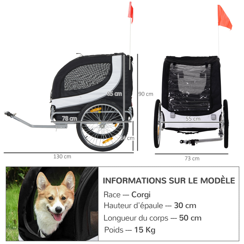 Remorque velo pour chien animaux avec drapeau et 8 reflecteurs blanc et noir-2
