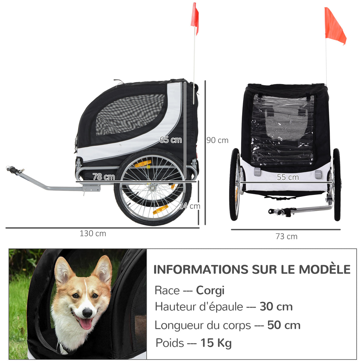 Remorque velo pour chien animaux avec drapeau et 8 reflecteurs blanc et noir-2