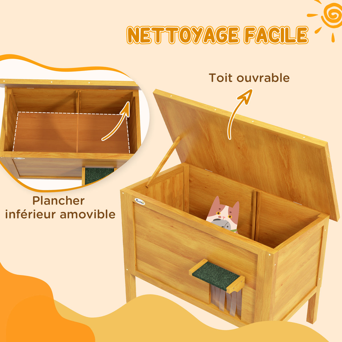 Maison pour chats niche d'extérieur en bois surrélevée avec toit ouvrable isolée  85 x 50 x 68,5 cm naturel vert-4