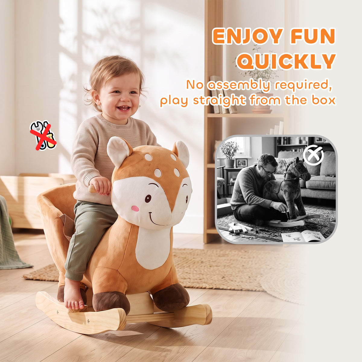 Cheval à bascule cerf en peluche avec sons d'animaux, ceinture de sécurité et butées anti-basculement, marron-3