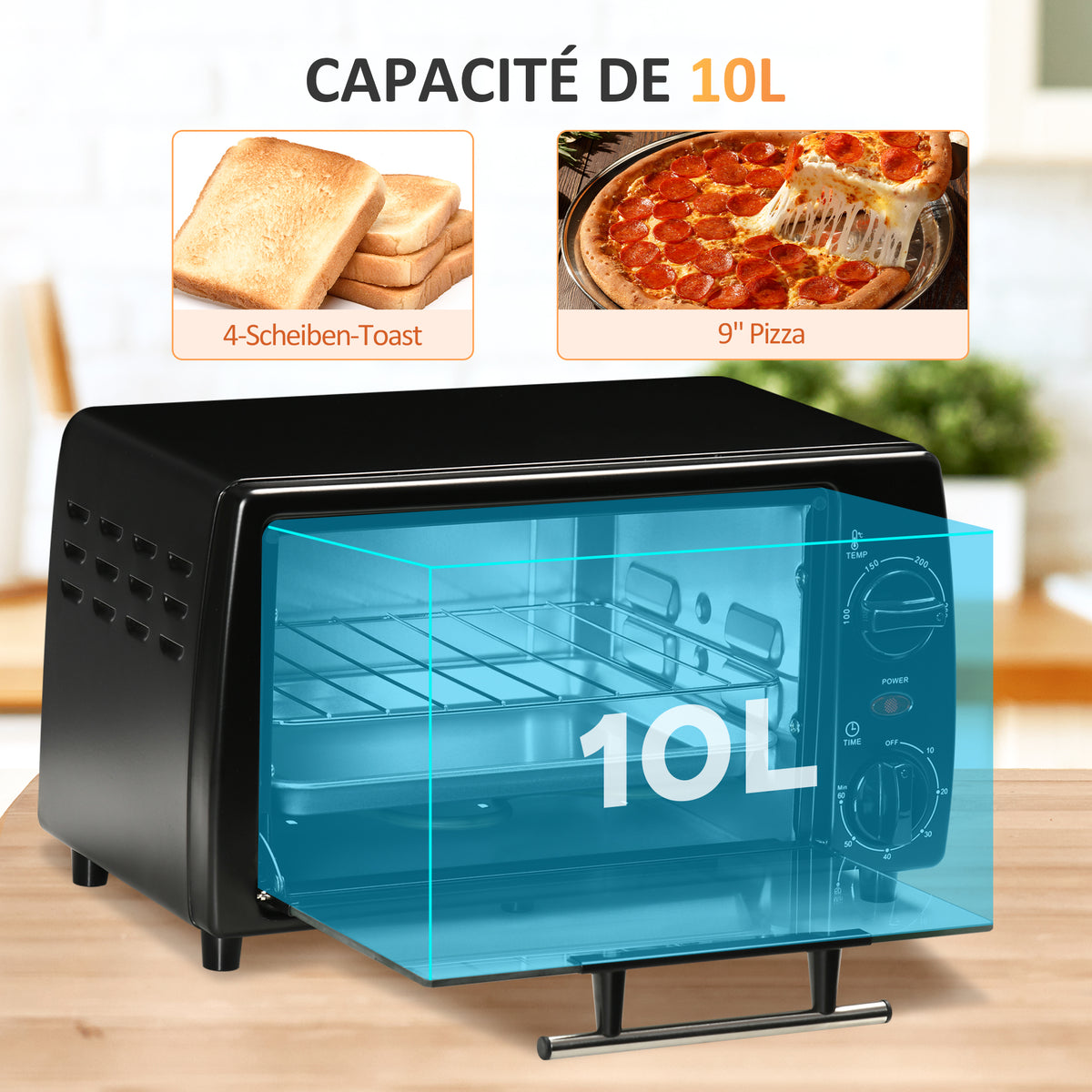 Mini four électrique 10L 1 grille et 1 plateau température réglable de 100°C à 230°C Minuteur 60 min 36,5x26x22 cm Noir-3