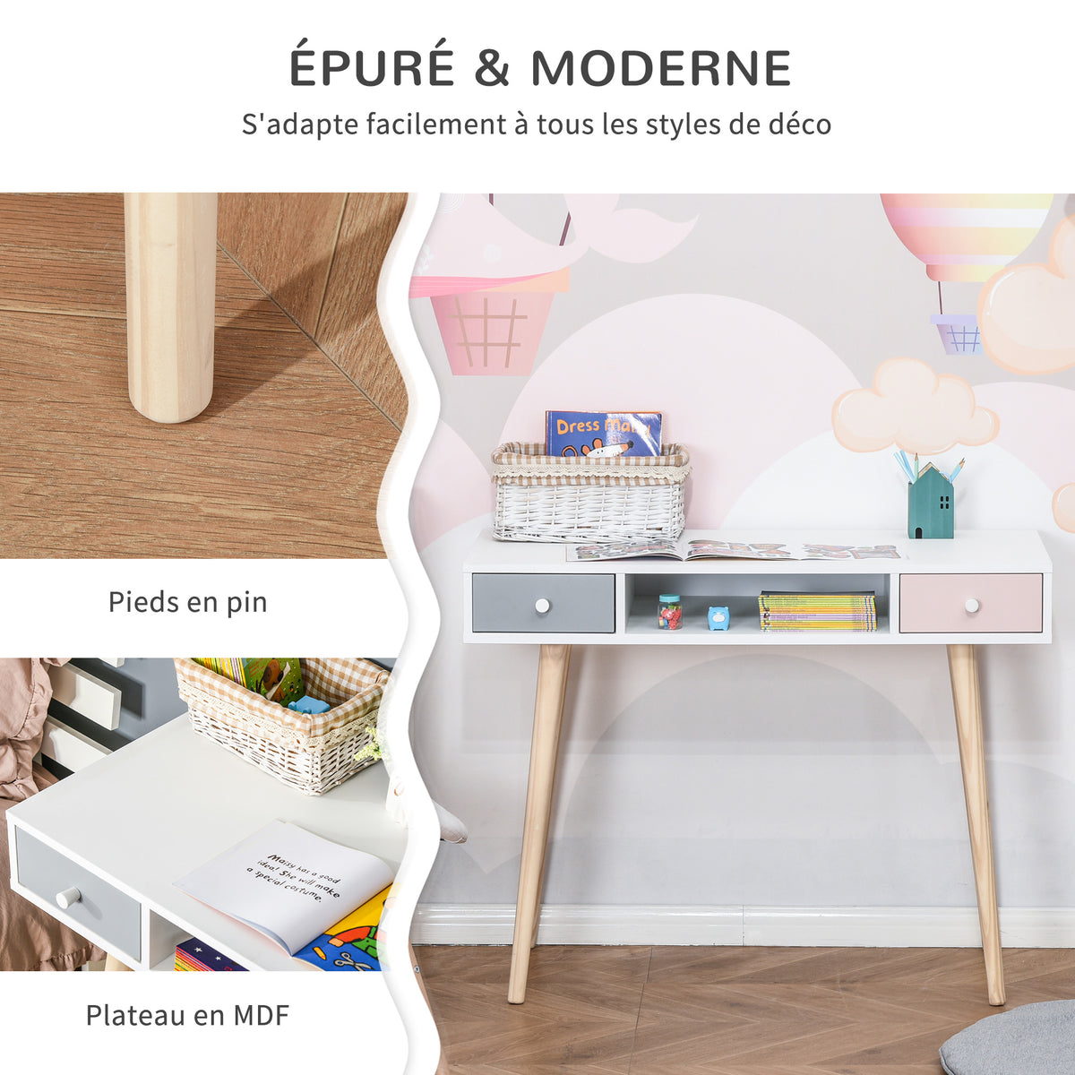 Bureau enfant style scandinave avec tiroir et compartiment de rangement 100L x 48l x 76,5H cm MDF et pin blanc gris et rose-4