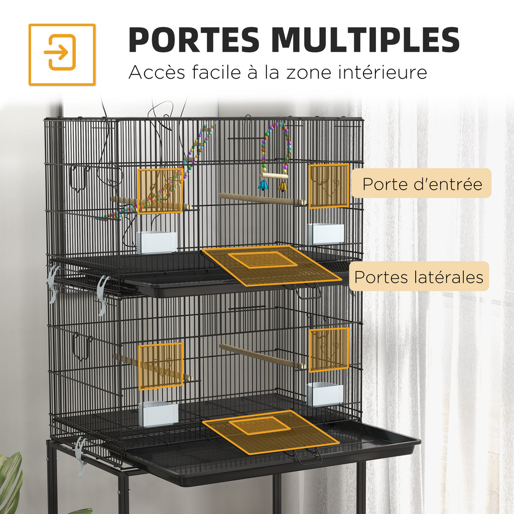 Cage à oiseaux sur pied volière double avec mangeoires perchoirs plateau amovible étagère poignée et roulettes noir-4