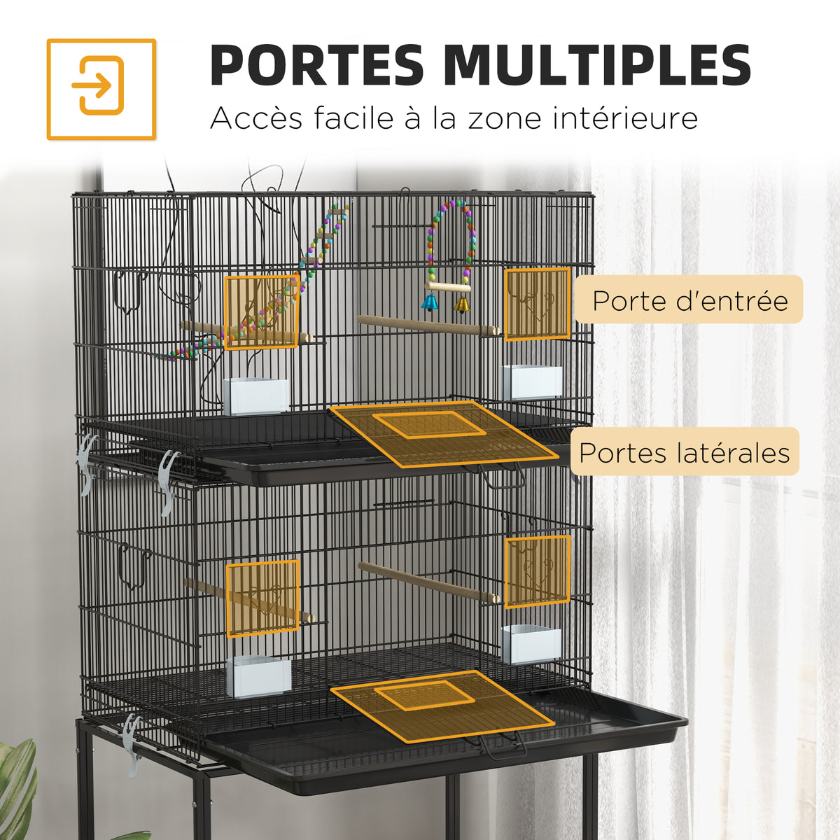 Cage à oiseaux sur pied volière double avec mangeoires perchoirs plateau amovible étagère poignée et roulettes noir-4